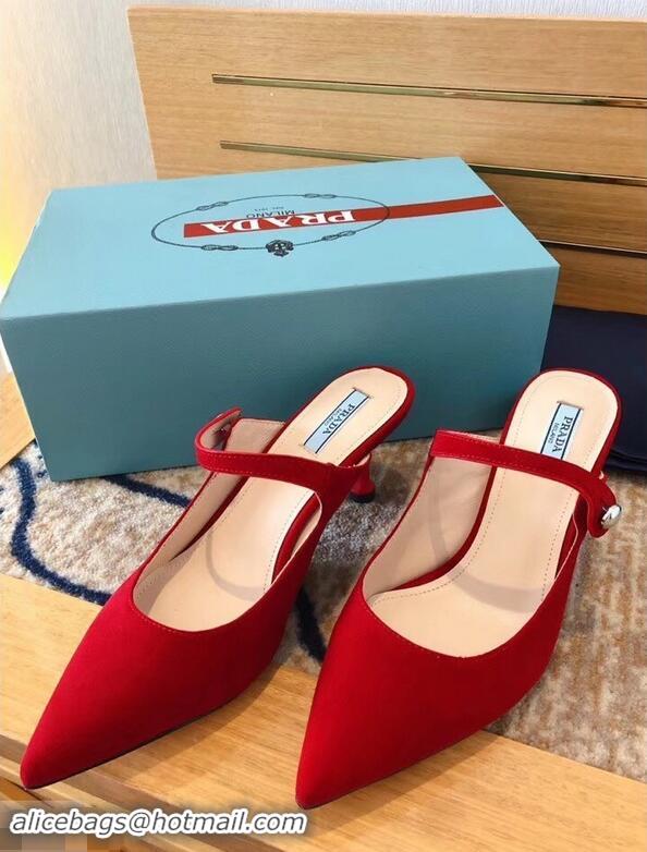 OUTLETS Prada Heel 6cm Strap with Button Mules P96318 Suede Red 2019