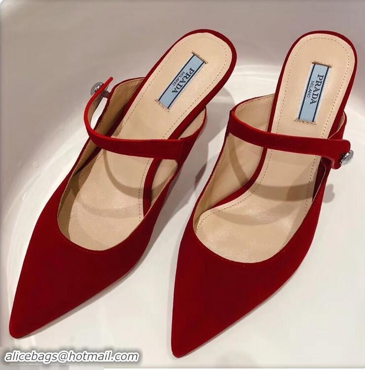 OUTLETS Prada Heel 6cm Strap with Button Mules P96318 Suede Red 2019