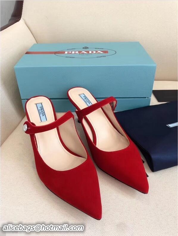 OUTLETS Prada Heel 6cm Strap with Button Mules P96318 Suede Red 2019