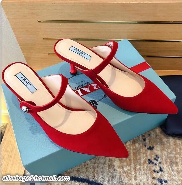 OUTLETS Prada Heel 6cm Strap with Button Mules P96318 Suede Red 2019