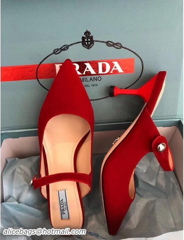 OUTLETS Prada Heel 6cm Strap with Button Mules P96318 Suede Red 2019