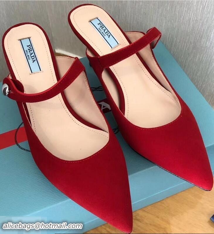 OUTLETS Prada Heel 6cm Strap with Button Mules P96318 Suede Red 2019