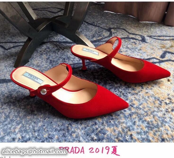 OUTLETS Prada Heel 6cm Strap with Button Mules P96318 Suede Red 2019