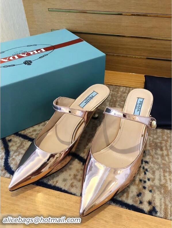 New Cheap Prada Heel 6cm Strap with Button Mules P96320 Metallic Pink Gold 2019