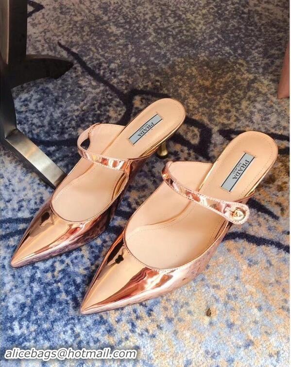 New Cheap Prada Heel 6cm Strap with Button Mules P96320 Metallic Pink Gold 2019