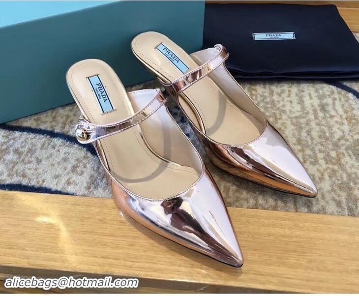 New Cheap Prada Heel 6cm Strap with Button Mules P96320 Metallic Pink Gold 2019