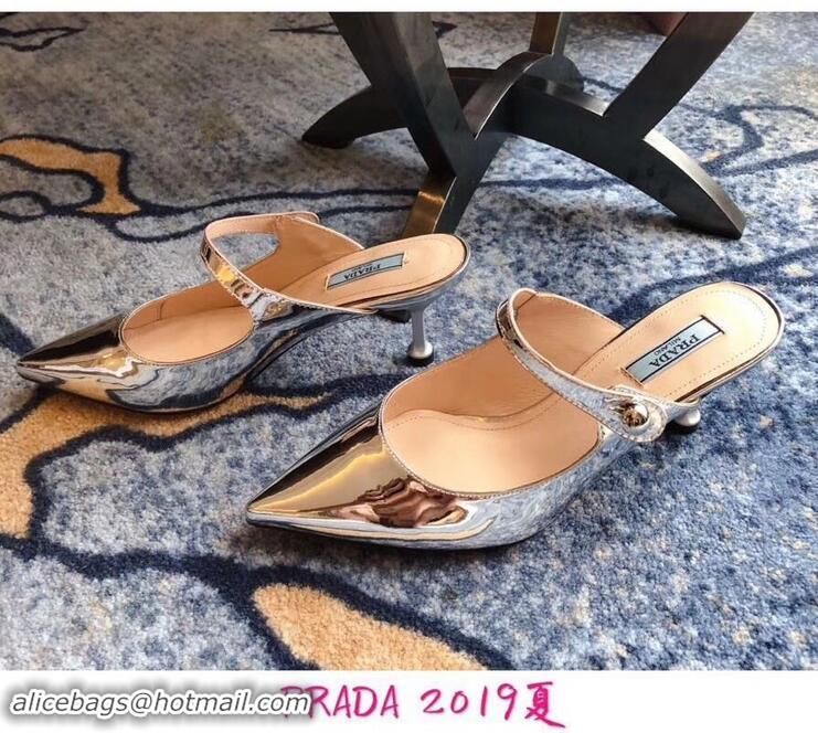 New Cheap Prada Heel 6cm Strap with Button Mules P96320 Metallic Pink Gold 2019