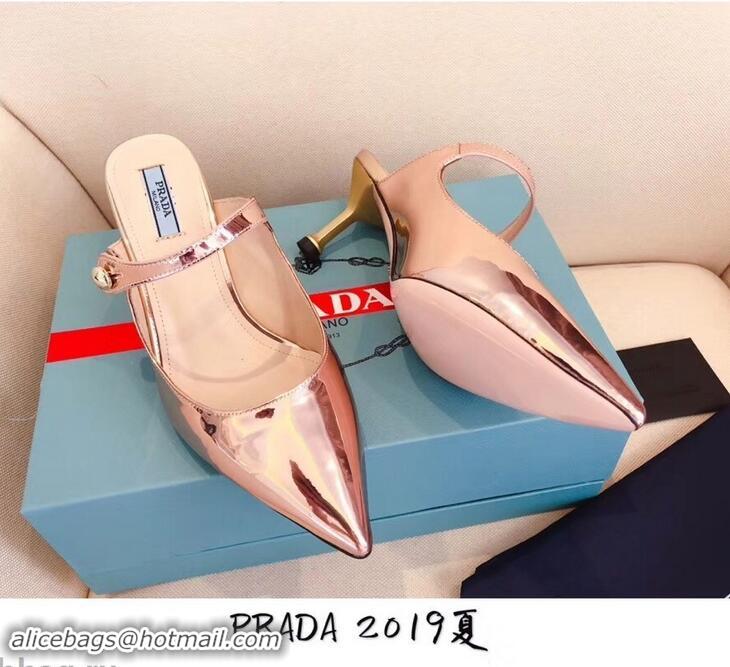 New Cheap Prada Heel 6cm Strap with Button Mules P96320 Metallic Pink Gold 2019