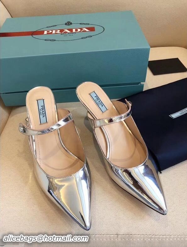 OFF Prada Heel 6cm Strap with Button Mules P96320 Metallic Silver 2019