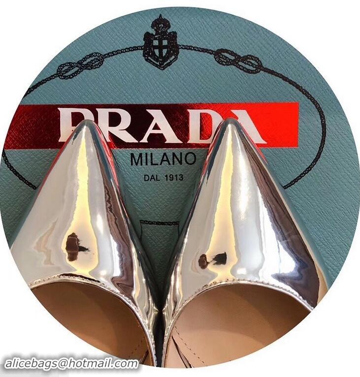 OFF Prada Heel 6cm Strap with Button Mules P96320 Metallic Silver 2019