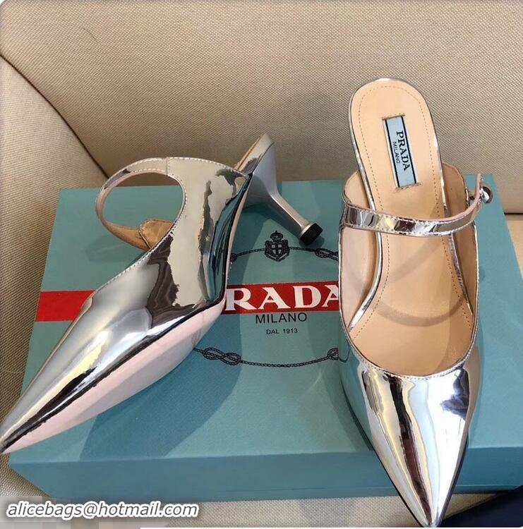 OFF Prada Heel 6cm Strap with Button Mules P96320 Metallic Silver 2019