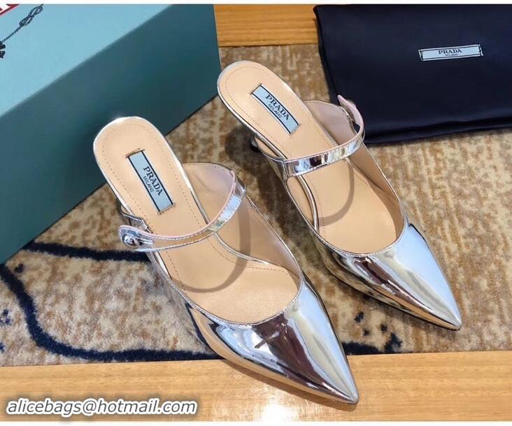 OFF Prada Heel 6cm Strap with Button Mules P96320 Metallic Silver 2019