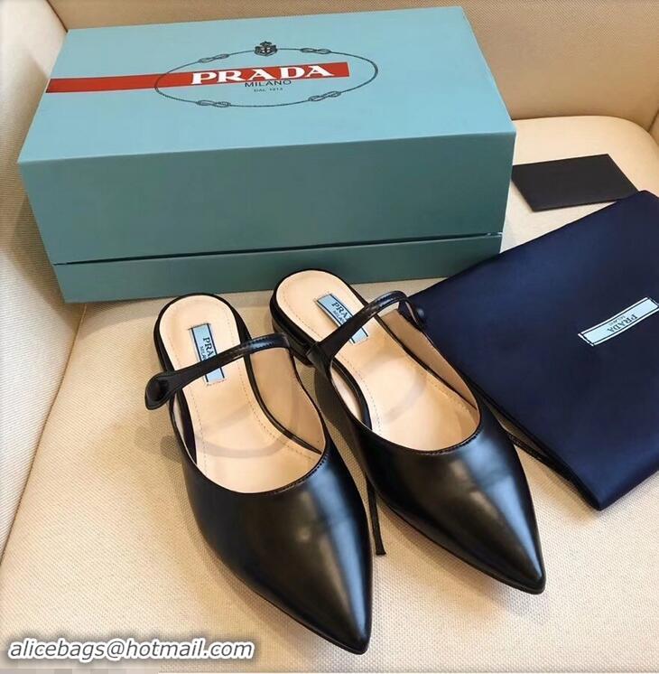 Faux Prada Heel 1.5cm Strap with Button Mules P96322 Leather Black 2019