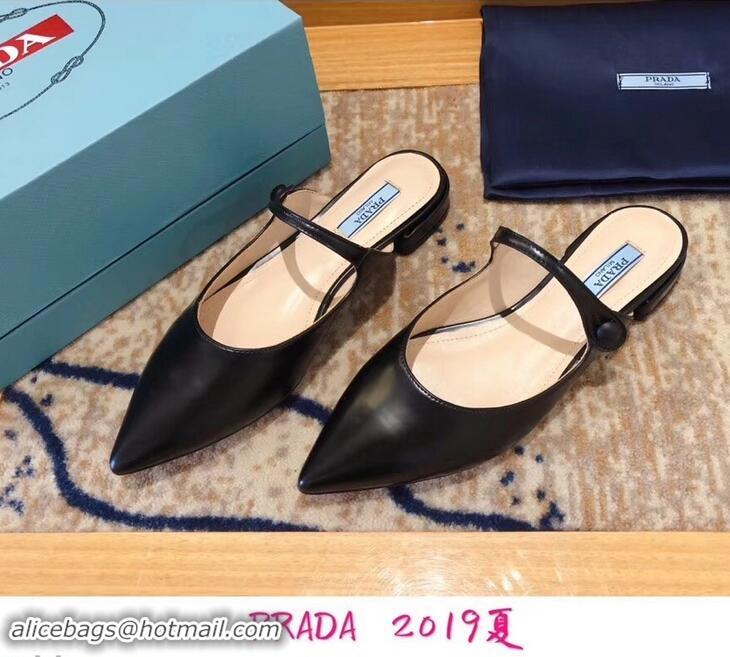 Faux Prada Heel 1.5cm Strap with Button Mules P96322 Leather Black 2019