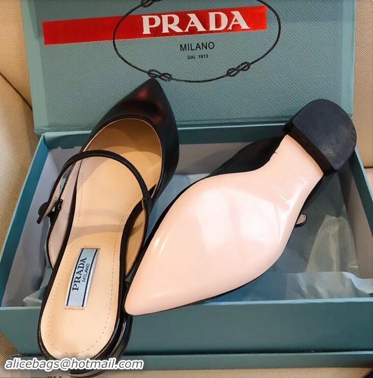 Faux Prada Heel 1.5cm Strap with Button Mules P96322 Leather Black 2019