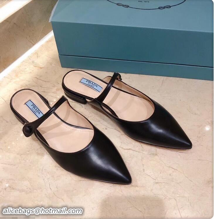 Faux Prada Heel 1.5cm Strap with Button Mules P96322 Leather Black 2019