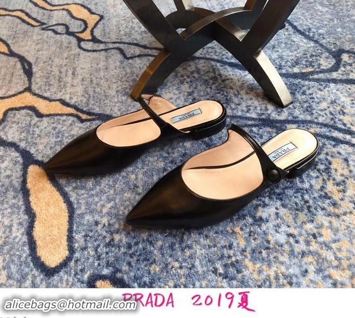 Faux Prada Heel 1.5cm Strap with Button Mules P96322 Leather Black 2019