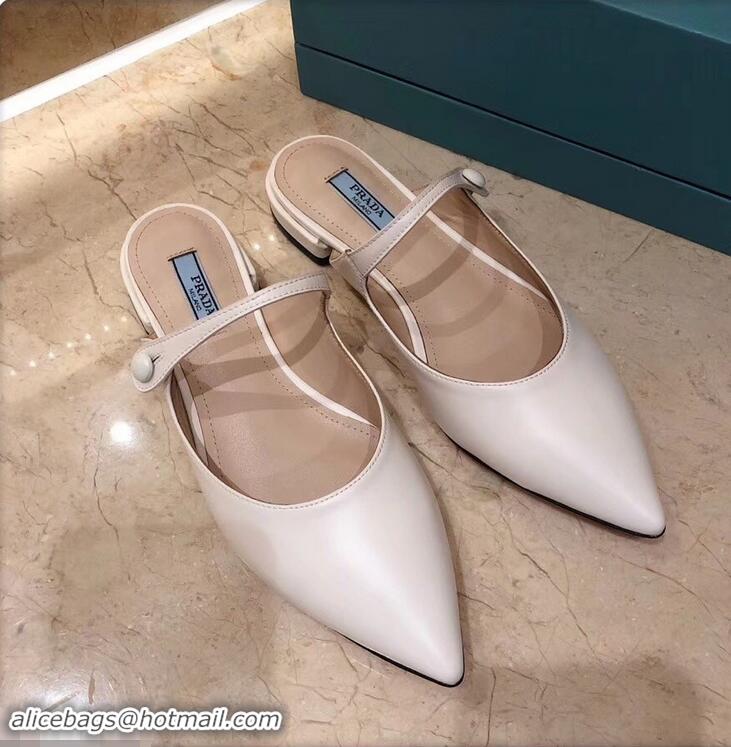 Discount Prada Heel 1.5cm Strap with Button Mules P96322 Leather White 2019