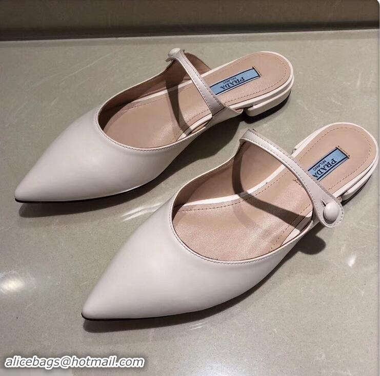 Discount Prada Heel 1.5cm Strap with Button Mules P96322 Leather White 2019