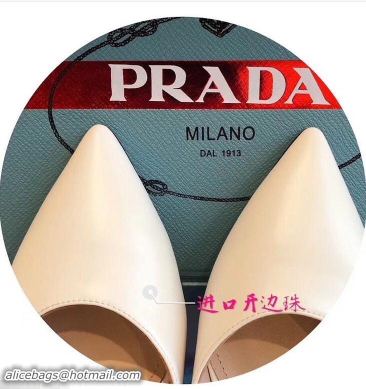 Discount Prada Heel 1.5cm Strap with Button Mules P96322 Leather White 2019