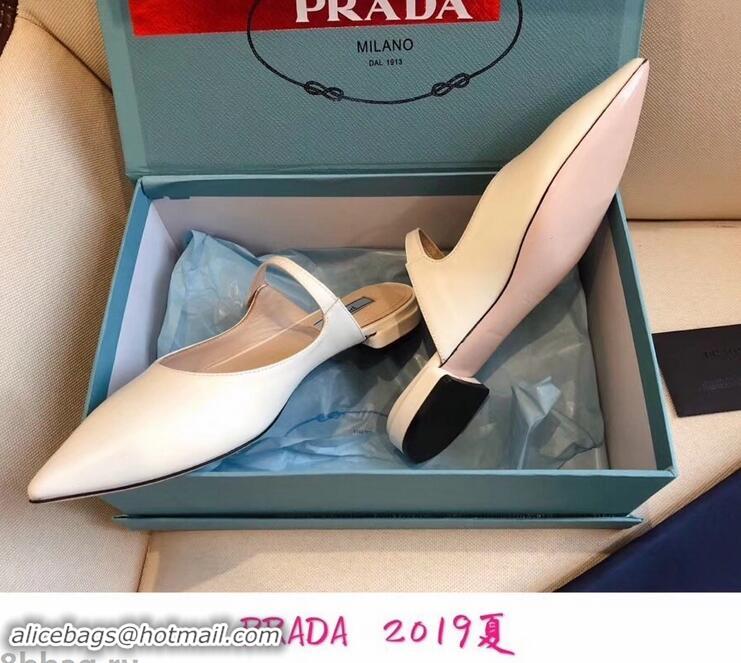 Discount Prada Heel 1.5cm Strap with Button Mules P96322 Leather White 2019