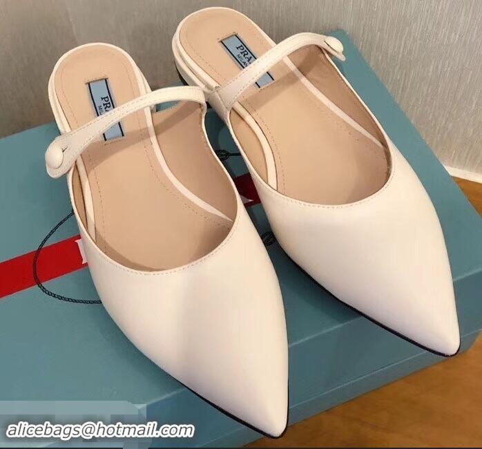 Discount Prada Heel 1.5cm Strap with Button Mules P96322 Leather White 2019