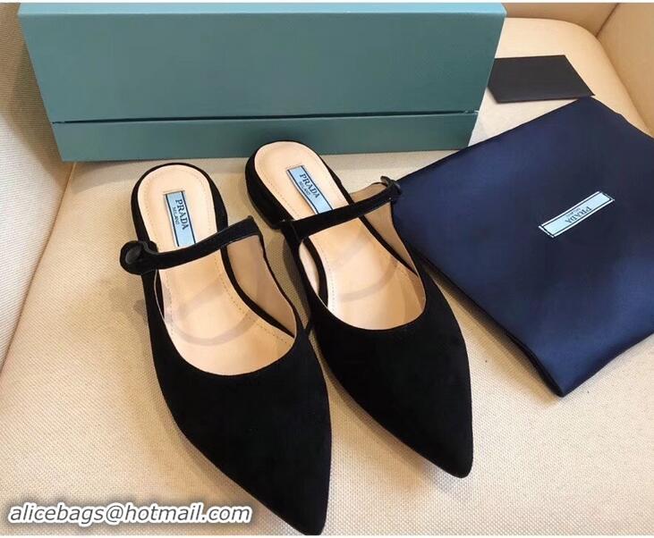 Top Quality Prada Heel 1.5cm Strap with Button Mules LV96324 Suede Black 2019