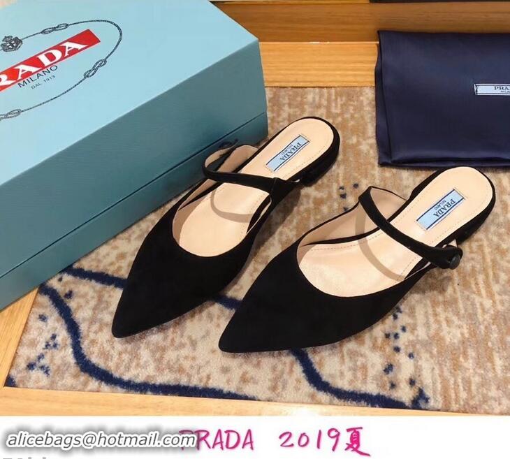 Top Quality Prada Heel 1.5cm Strap with Button Mules LV96324 Suede Black 2019