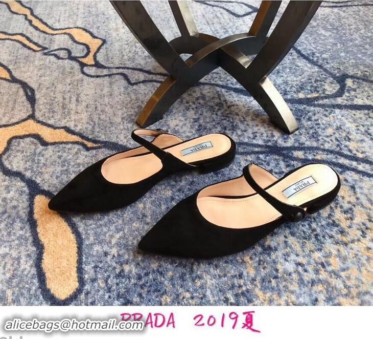 Top Quality Prada Heel 1.5cm Strap with Button Mules LV96324 Suede Black 2019