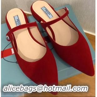 Buy Discount Prada Heel 1.5cm Strap with Button Mules LV96324 Suede Red 2019