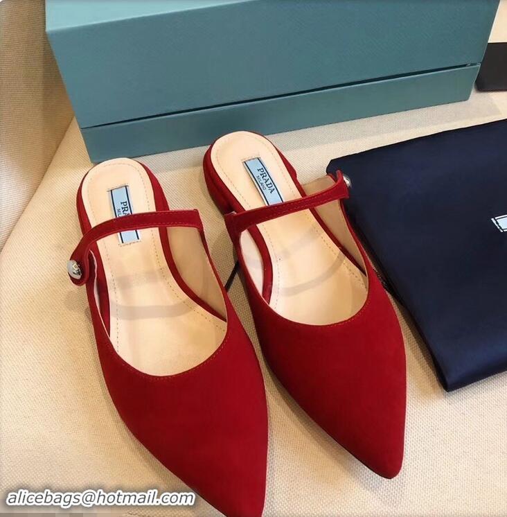 Buy Discount Prada Heel 1.5cm Strap with Button Mules LV96324 Suede Red 2019