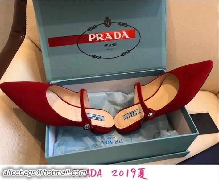 Buy Discount Prada Heel 1.5cm Strap with Button Mules LV96324 Suede Red 2019