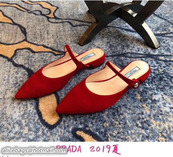 Buy Discount Prada Heel 1.5cm Strap with Button Mules LV96324 Suede Red 2019