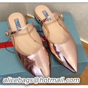 Imitation Prada Heel 1.5cm Strap with Button Mules P96326 Metallic Pink Gold 2019