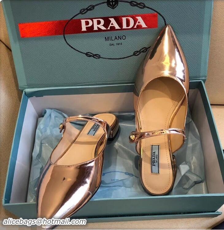 Imitation Prada Heel 1.5cm Strap with Button Mules P96326 Metallic Pink Gold 2019