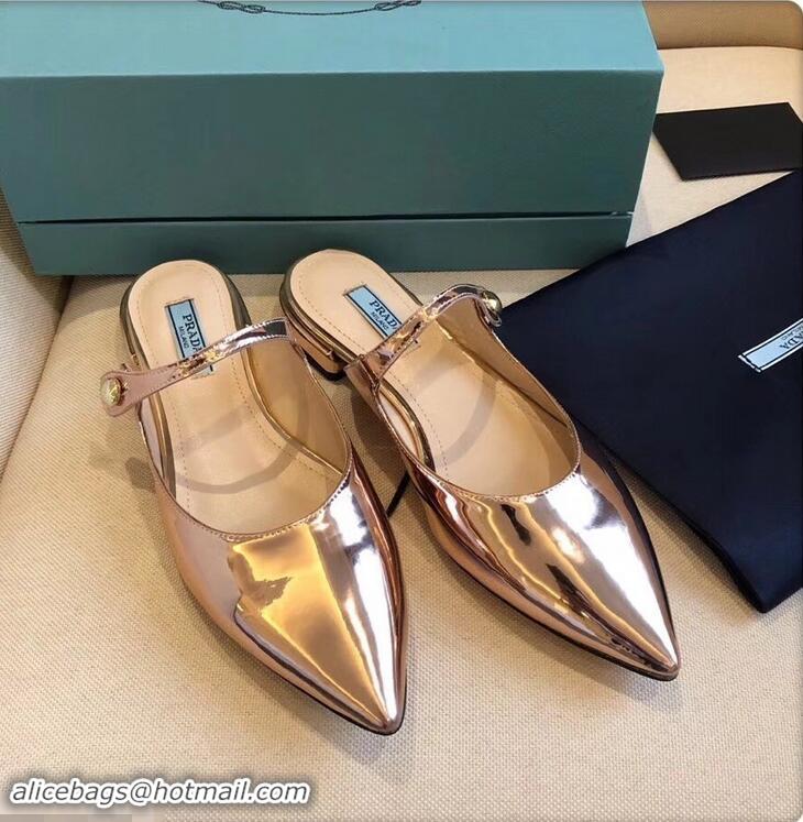 Imitation Prada Heel 1.5cm Strap with Button Mules P96326 Metallic Pink Gold 2019