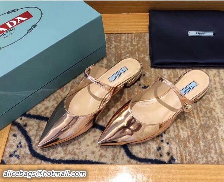 Imitation Prada Heel 1.5cm Strap with Button Mules P96326 Metallic Pink Gold 2019