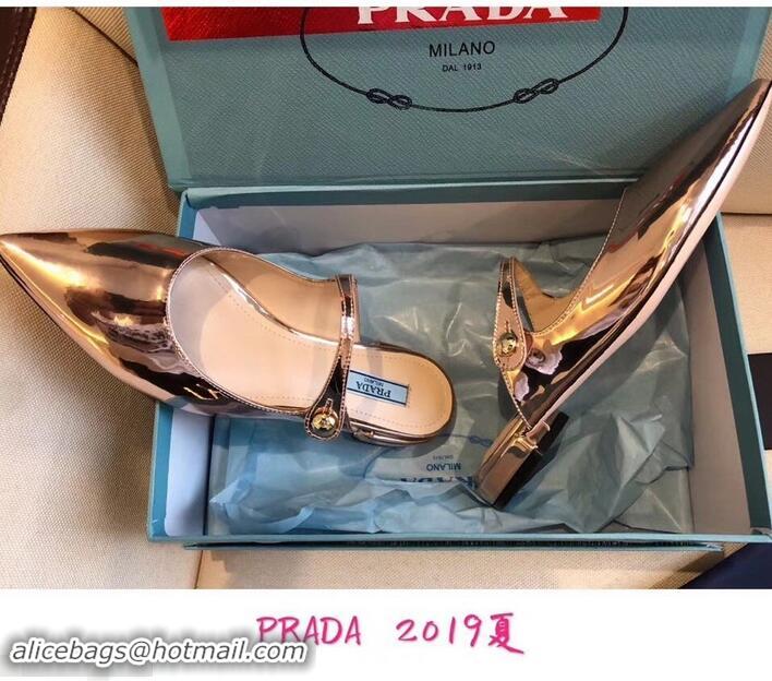 Imitation Prada Heel 1.5cm Strap with Button Mules P96326 Metallic Pink Gold 2019