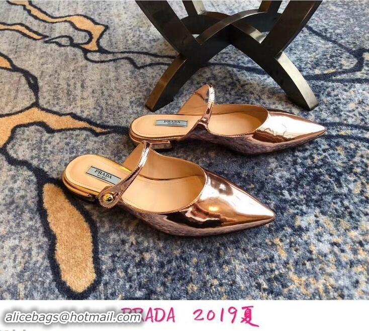 Imitation Prada Heel 1.5cm Strap with Button Mules P96326 Metallic Pink Gold 2019