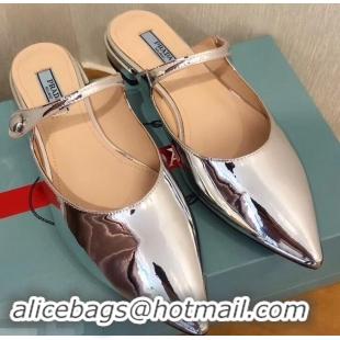 Low Cost Prada Heel 1.5cm Strap with Button Mules P96326 Metallic Silver 2019