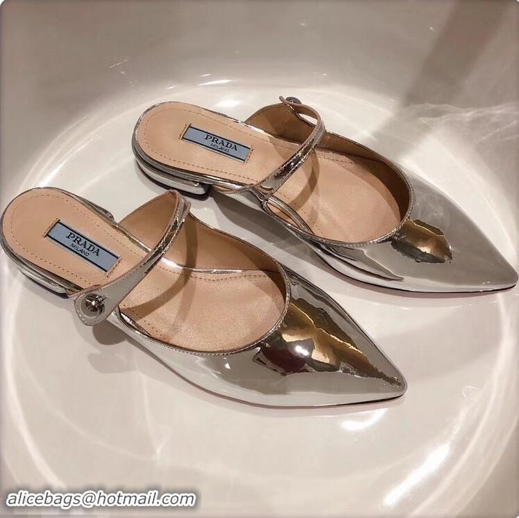 Low Cost Prada Heel 1.5cm Strap with Button Mules P96326 Metallic Silver 2019