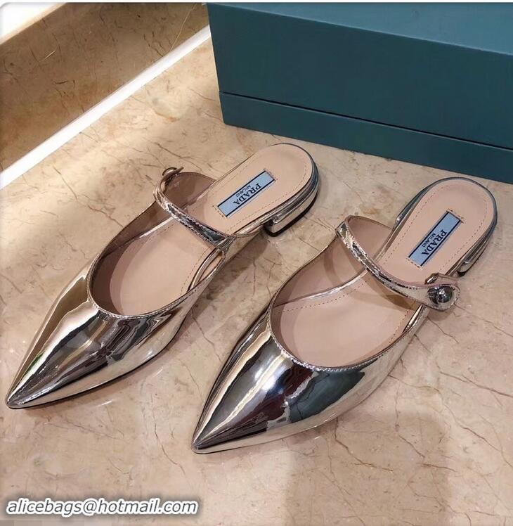 Low Cost Prada Heel 1.5cm Strap with Button Mules P96326 Metallic Silver 2019