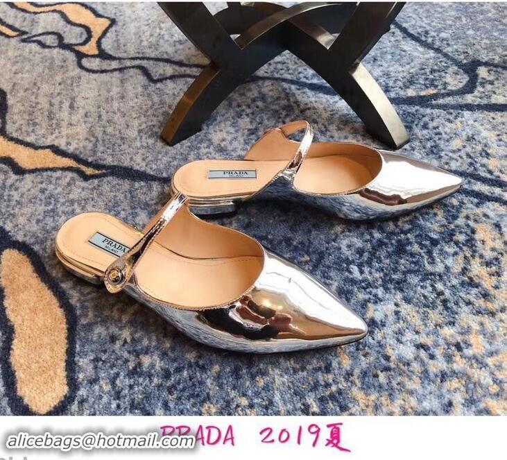 Low Cost Prada Heel 1.5cm Strap with Button Mules P96326 Metallic Silver 2019