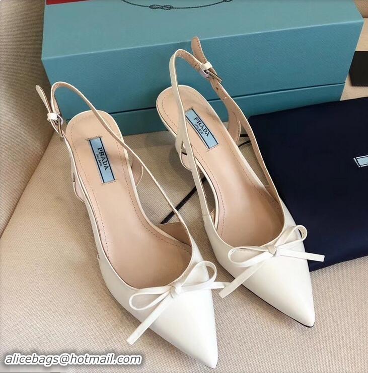 Imitation Prada Heel 6cm Bow Pumps P96328 Leather White 2019