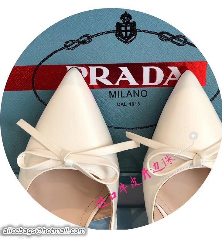 Imitation Prada Heel 6cm Bow Pumps P96328 Leather White 2019