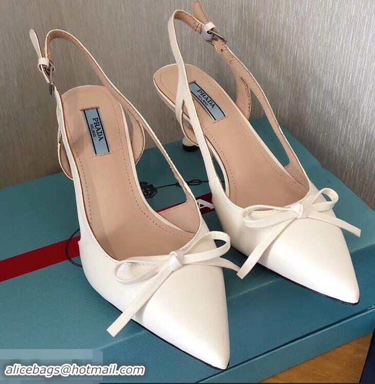 Imitation Prada Heel 6cm Bow Pumps P96328 Leather White 2019