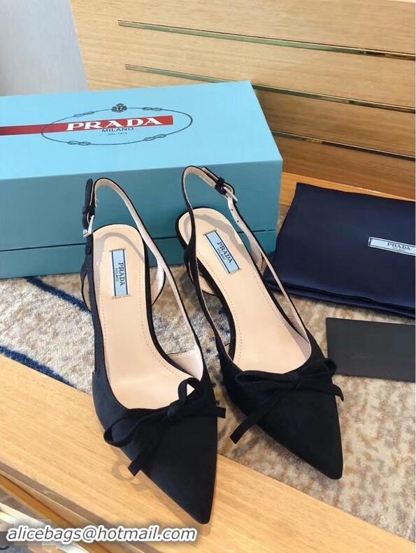 New Style Prada Heel 6cm Bow Pumps P96330 Suede Black 2019