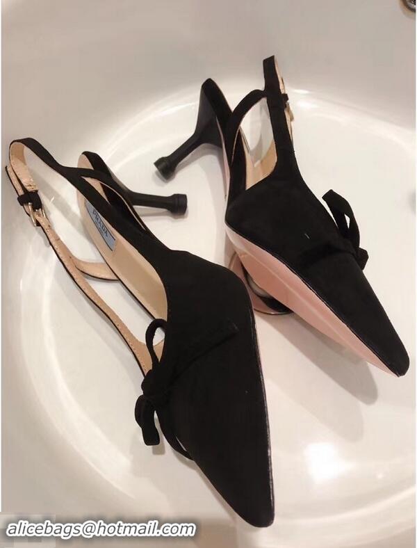 New Style Prada Heel 6cm Bow Pumps P96330 Suede Black 2019