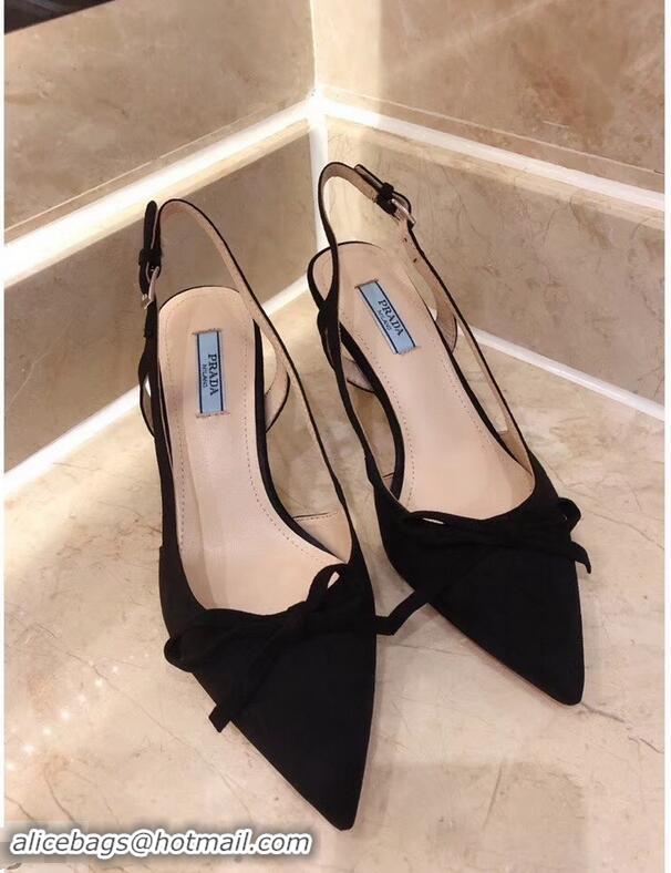 New Style Prada Heel 6cm Bow Pumps P96330 Suede Black 2019