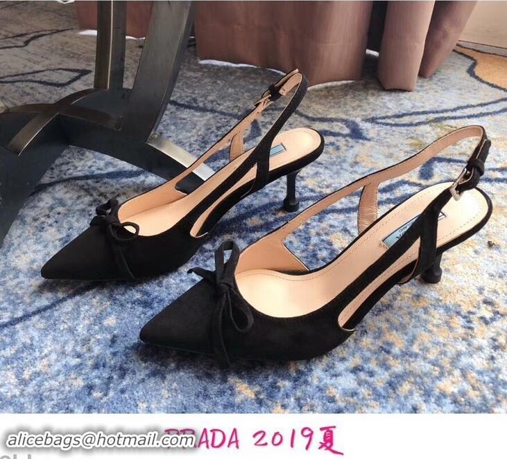 New Style Prada Heel 6cm Bow Pumps P96330 Suede Black 2019